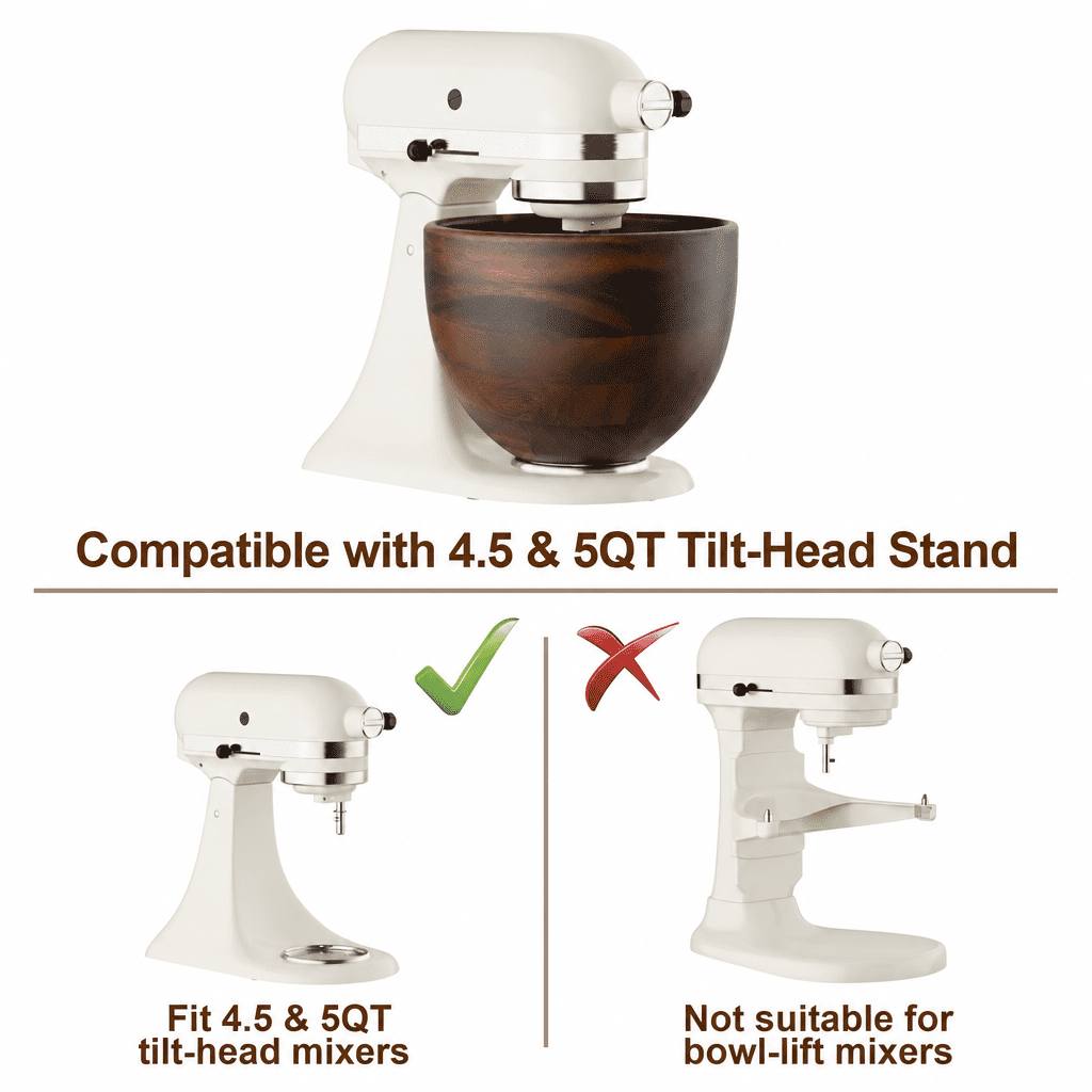 TOCOKEID 5 Qt Premium Natural Acacia Wood Mixer Bowl Attachment for KitchenAid 4.5-5 Qt Tilt-Head Stand Mixers