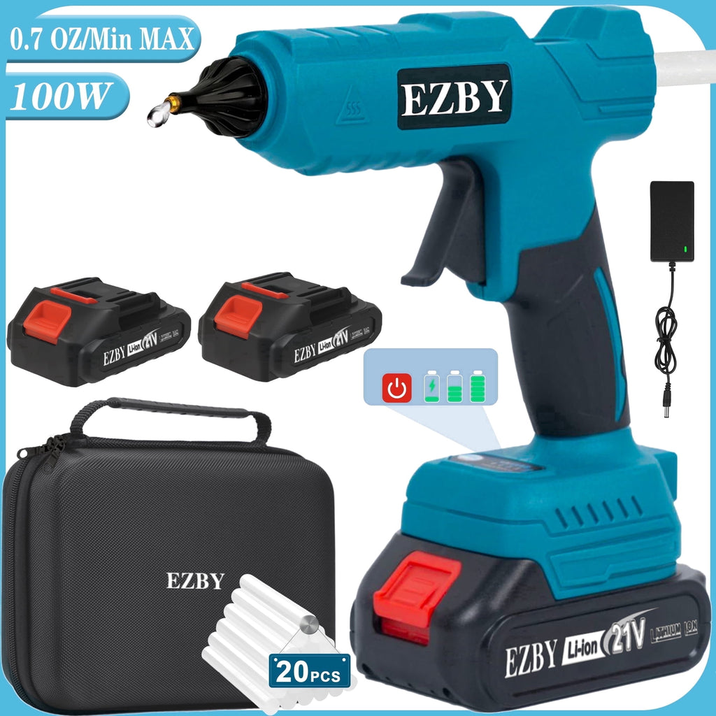 EZBY Cordless Hot Glue Gun with 2 Batteries,42 Glue Sticks,Storage Case,Adjustable Glue Output,100W Power for DIY,Festival Decor and Gifts