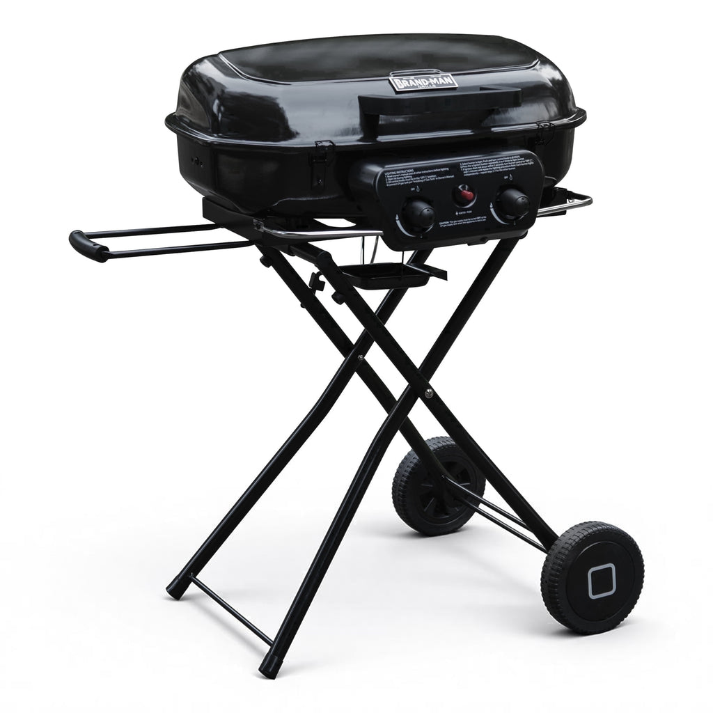 Portable 2-Burner Propane Gas Grill, Foldable and Stand-up for Backyard Cooking - Brand-Man Grills, Black